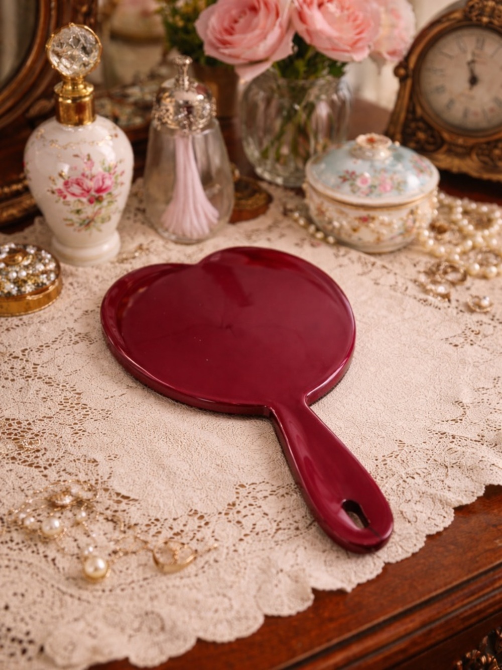 Vintage Art Deco Pearlized Burgundy Celluloid Hand Mirtor